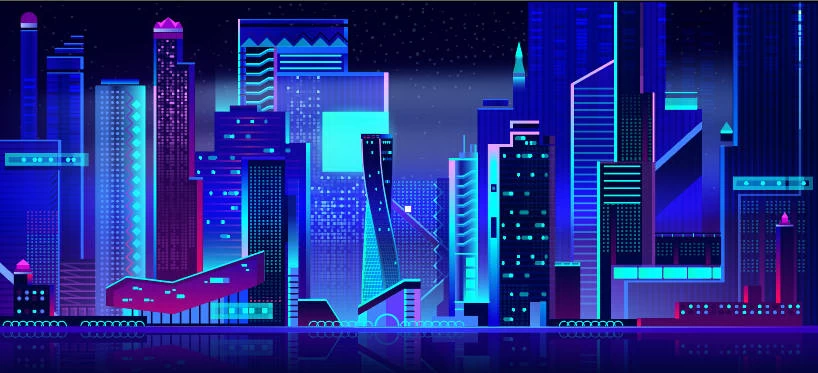 未来科技科幻霓虹灯渐变绚丽城市建筑夜景灯光插画AI/PSD设计素材100套【033】